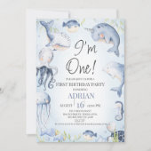 海の生き物の下の青い男の子の最初の誕生日 招待状 (正面)