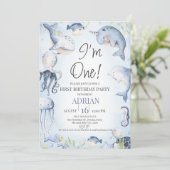 海の生き物の下の青い男の子の最初の誕生日 招待状 (スタンド正面)