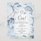 海の生き物の下の青い男の子の最初の誕生日 招待状 (正面/裏面)