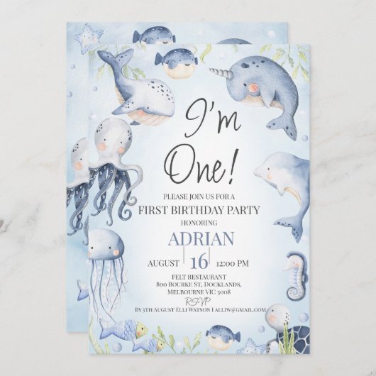 海の生き物の下の青い男の子の最初の誕生日 招待状 (正面/裏面)