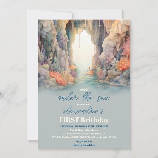 海の生き物の下の青い男の子の最初の誕生日 招待状 (正面)