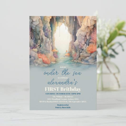 海の生き物の下の青い男の子の最初の誕生日 招待状 (スタンド正面)