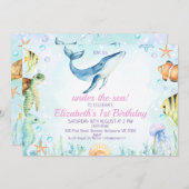海の生き物の下の風景1st誕生日 招待状 (正面/裏面)
