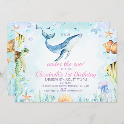 海の生き物の下の風景1st誕生日 招待状 (正面/裏面)