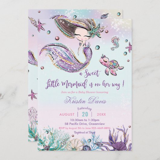 海の生き物の少女の下で人魚の赤ちゃんシャワー 招待状 (正面/裏面)