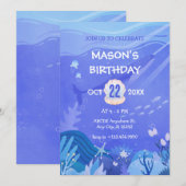 海の生き物の誕生日の下の紫 招待状 (正面/裏面)