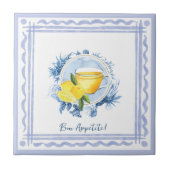 海の生き物の青いフレームとレモン茶の水色 タイル (正面)