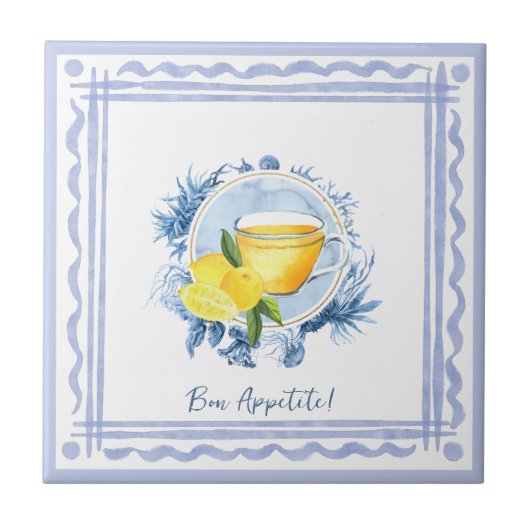 海の生き物の青いフレームとレモン茶の水色 タイル (正面)