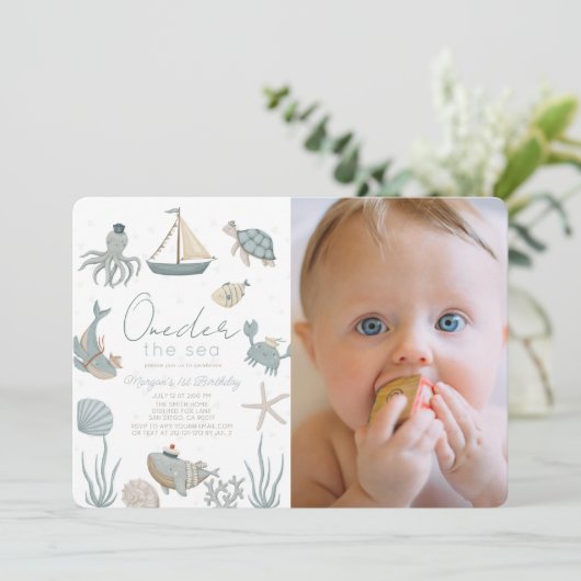 海の生き物の青い最初の誕生日の写真 招待状 (スタンド正面)