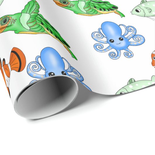 海の生き物をテーマにした誕生日またはベビーシャワー ラッピングペーパー (ロールコーナー)