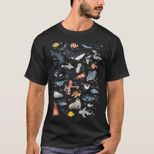 海の生き物アルファベット海洋生物探検シー Tシャツ (正面)