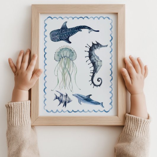 海の生き物オーシャン保育園青い壁のアートポスター ポスター