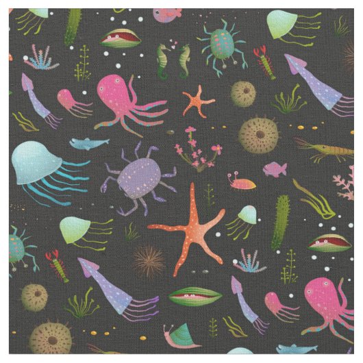 海の生き物パターン ファブリック (クローズアップ)