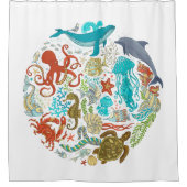 海の生き物 オーシャン クジラ タコ カメ アート シャワーカーテン (正面)