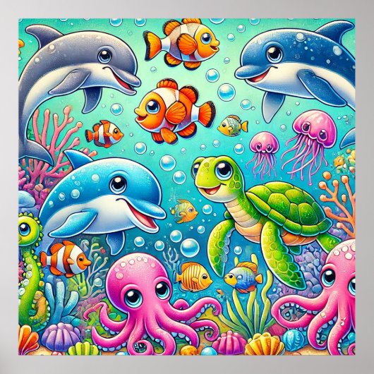 海の生き物 キッズウォールアート 水中シーン ポスター (正面)