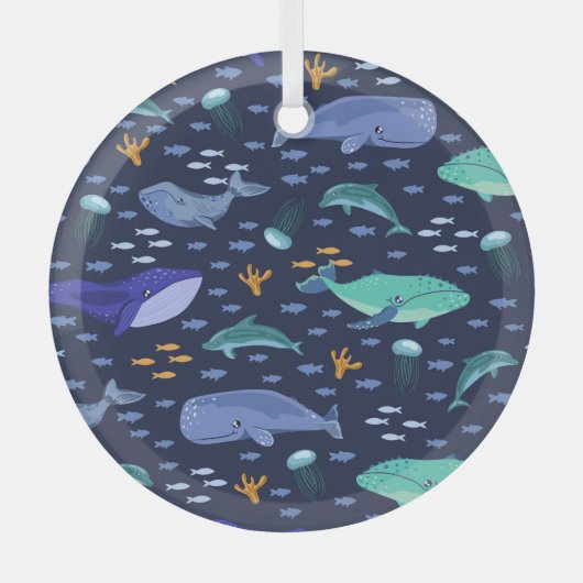 海の生き物:クジラ、クラゲ模様。 ガラスオーナメント (正面)