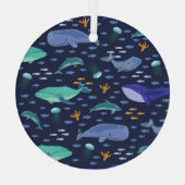 海の生き物:クジラ、クラゲ模様。 ガラスオーナメント (裏面)