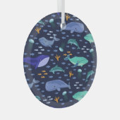 海の生き物:クジラ、クラゲ模様。 ガラスオーナメント (正面右)