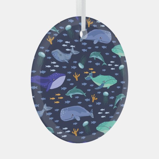 海の生き物:クジラ、クラゲ模様。 ガラスオーナメント (正面右)