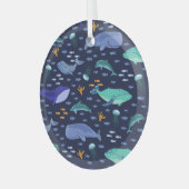 海の生き物:クジラ、クラゲ模様。 ガラスオーナメント (正面左)