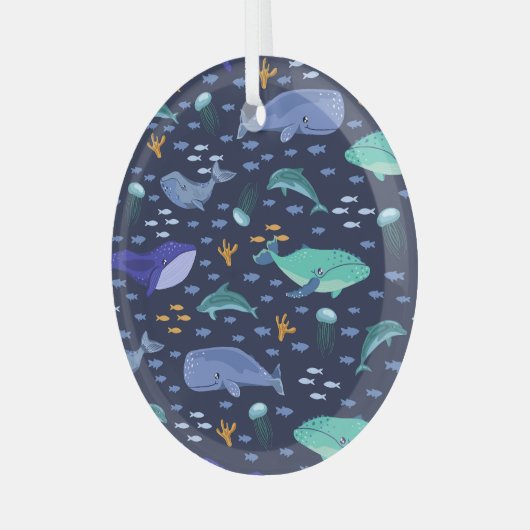 海の生き物:クジラ、クラゲ模様。 ガラスオーナメント (正面左)