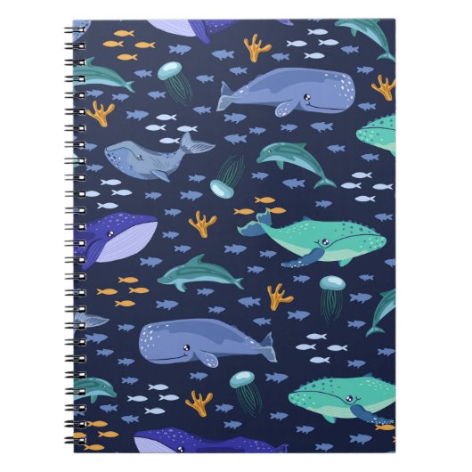 海の生き物:クジラ、クラゲ模様。 ノートブック (正面)