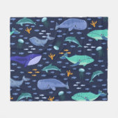 海の生き物：クジラ、クラゲ模様。 フリースブランケット (正面(横))
