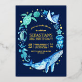海の生き物 水彩画 3歳の誕生日 箔招待状 (正面)