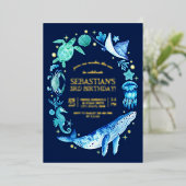 海の生き物 水彩画 3歳の誕生日 箔招待状 (立ち正面)