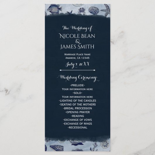 海の生命をテーマにしたヴィンテージ・ナウチカル・ウェディングプログラム プログラム (正面)