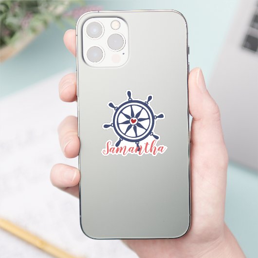 海の生命 ボートホイール ネイビーブルー 赤 名前ステッカー シール (スマートフォン)