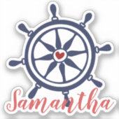 海の生命 ボートホイール ネイビーブルー 赤 名前ステッカー シール (正面)