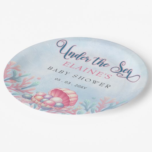 海の生物のベビーシャワーの下のコーラルブルー ペーパープレート (アングル)