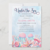 海の生物のベビーシャワーの下のコーラルブルー 招待状 (正面)