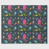 海の生物の漫画の暗い背景の下 ラッピングペーパー (フラット)