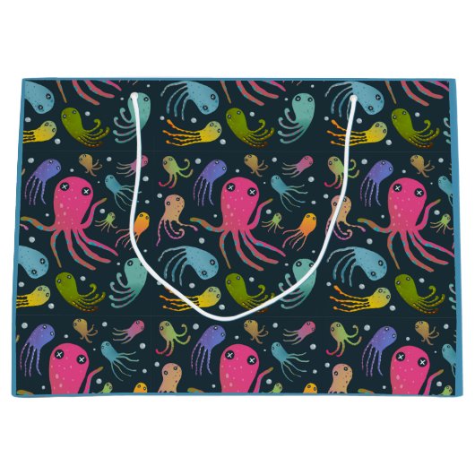 海の生物の漫画の暗い背景の下 ラージペーパーバッグ (正面)