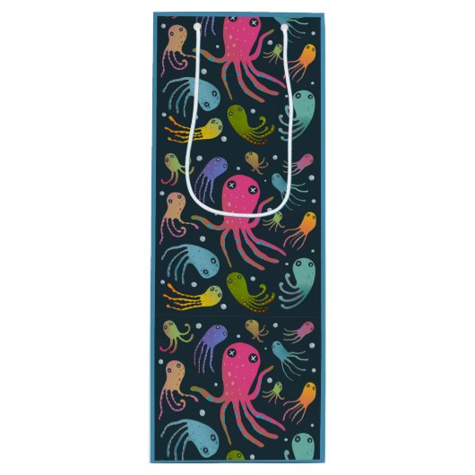 海の生物の漫画の暗い背景の下 ワインギフトバッグ (正面)