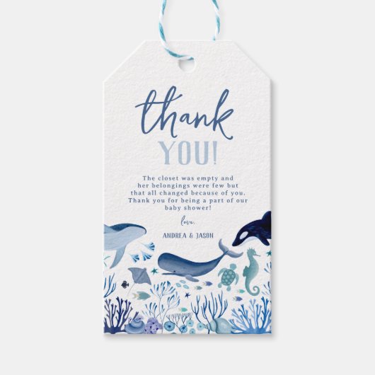 海の男の子の下で赤ちゃんシャワーありがとう ギフトタグ (正面)
