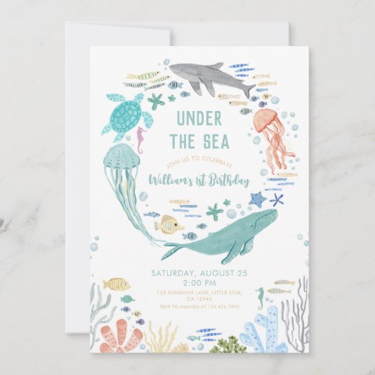 海の男の子の下の最初の誕生日 招待状 (正面)