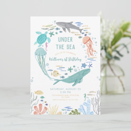 海の男の子の下の最初の誕生日 招待状 (スタンド正面)