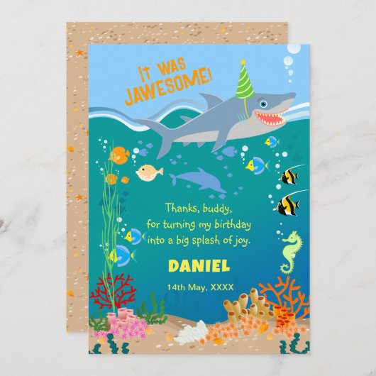 海の男の子の誕生日パーティーの下で笑顔のサメ サンキューカード (正面/裏面)