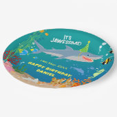 海の男の子の誕生日パーティーの下で笑顔のサメ ペーパープレート (アングル)