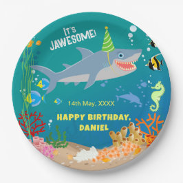 海の男の子の誕生日パーティーの下で笑顔のサメ ペーパープレート