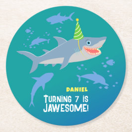海の男の子の誕生日パーティーの下で笑顔のサメ ラウンドペーパーコースター