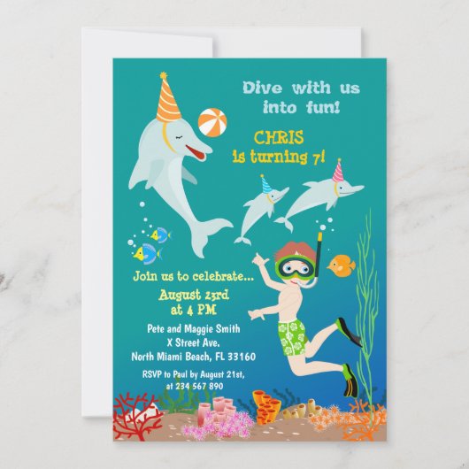 海の男の子の誕生日パーティーの下のイルカ 招待状 (正面)