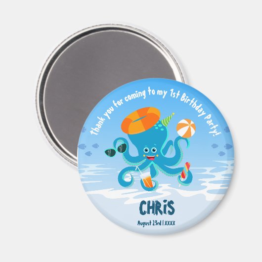 海の男の子の誕生日パーティーの下の青タコ マグネット (正面/裏面)