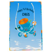 海の男の子の誕生日パーティーの下の青タコ ミディアムペーパーバッグ (正面)