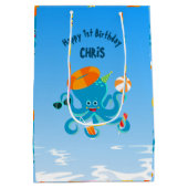 海の男の子の誕生日パーティーの下の青タコ ミディアムペーパーバッグ (裏面)