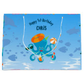 海の男の子の誕生日パーティーの下の青タコ ラージペーパーバッグ (正面)