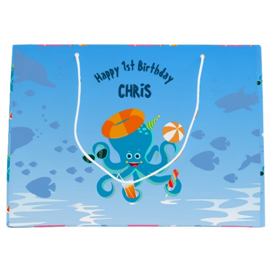 海の男の子の誕生日パーティーの下の青タコ ラージペーパーバッグ (正面)